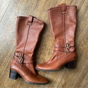 BORN Lewisa Cognac Genuine Leather Round Toe Stacked Heel Tall Boots Women’s 6
